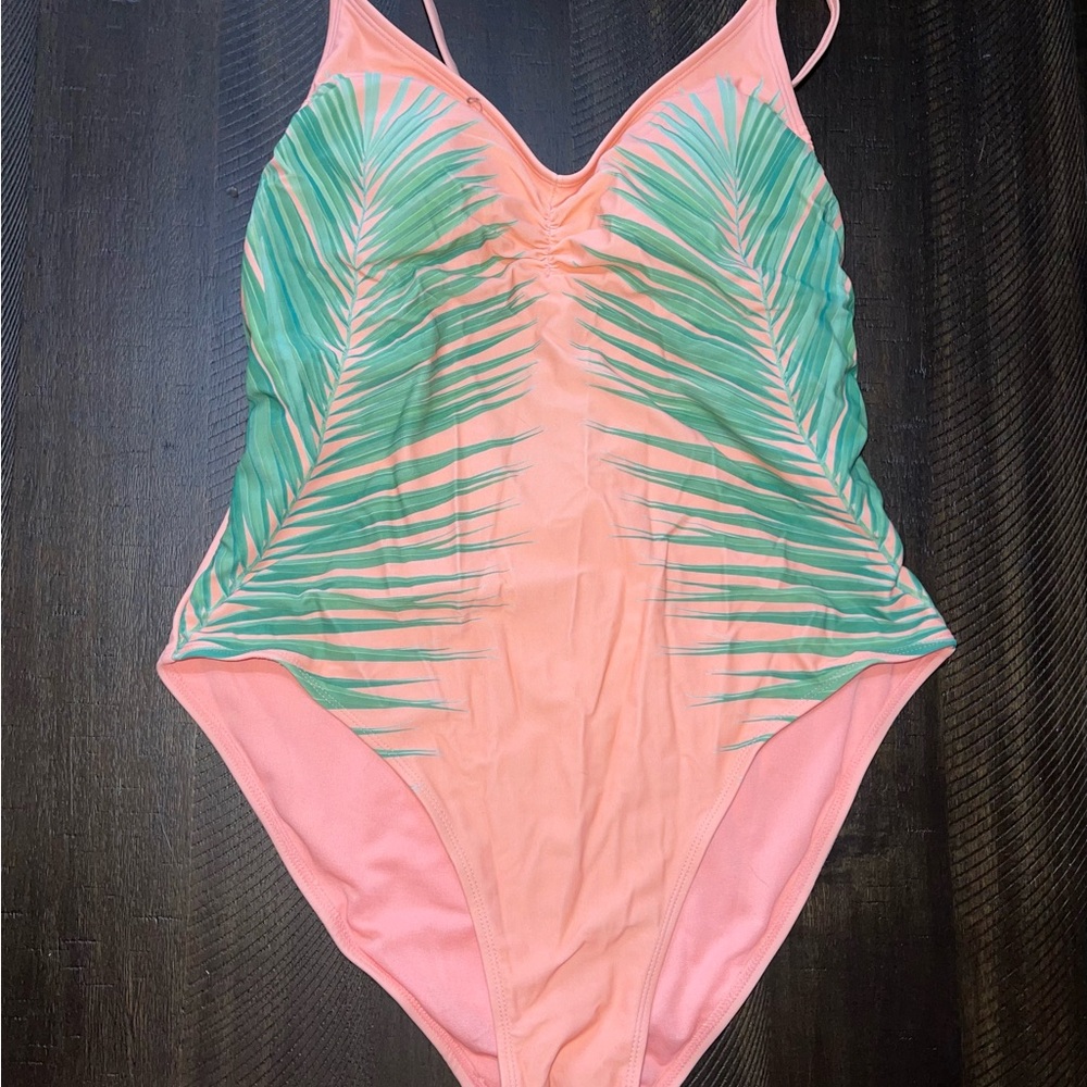 Pink and Green Leaf Print Swimsuit